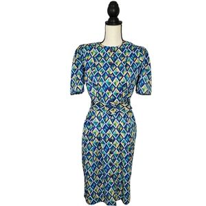 Papell Dress Blue Green Yellow Geometric Print Vintage 80s Buttoned Sz 6 Petite